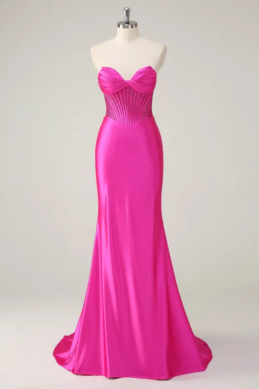 Fuchsia Mermaid Strapless Corset Ruched Long Prom Dress with Beading sold by Wedtrend