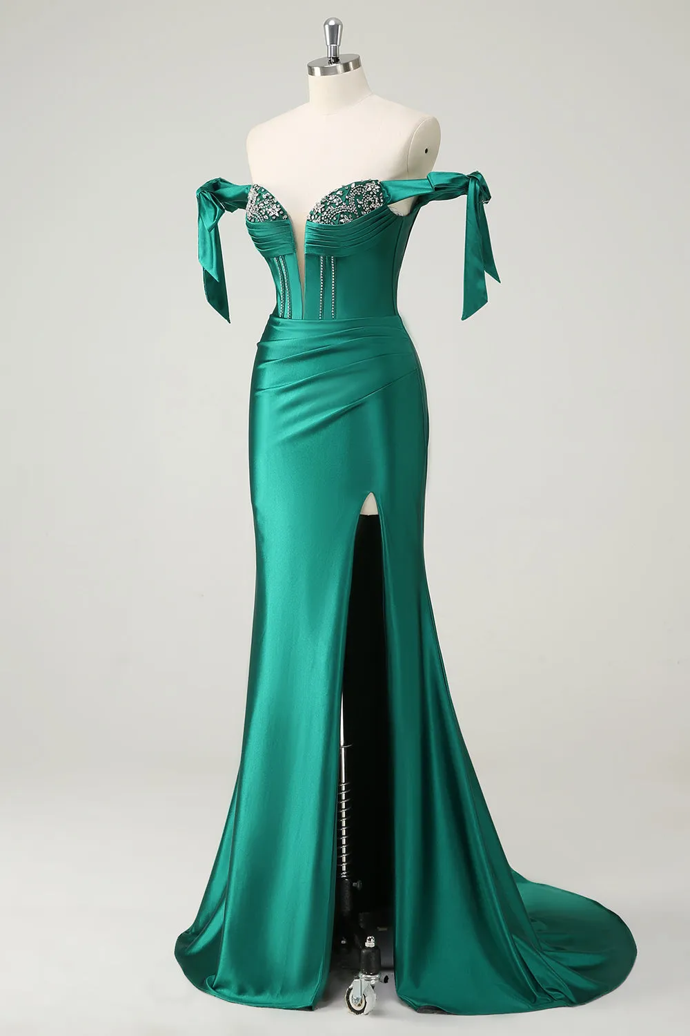 Dark Green Mermaid Off the Shoulder Rhinestone Long Prom Dress with Slit sold by Wedtrend product image thumbnail 3