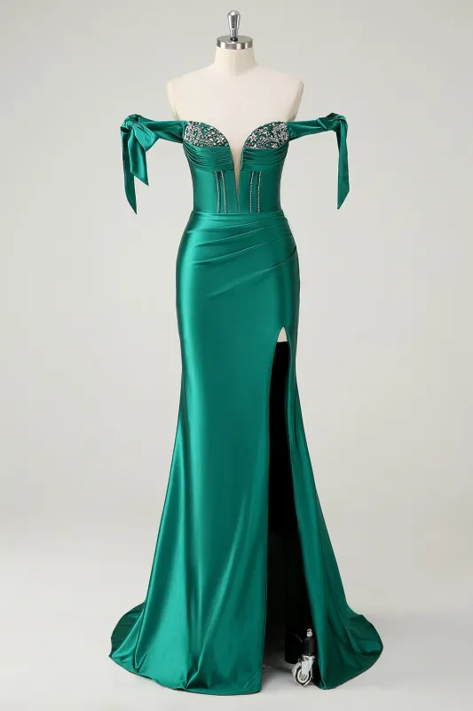 Dark Green Mermaid Off the Shoulder Rhinestone Long Prom Dress with Slit made by Wedtrend