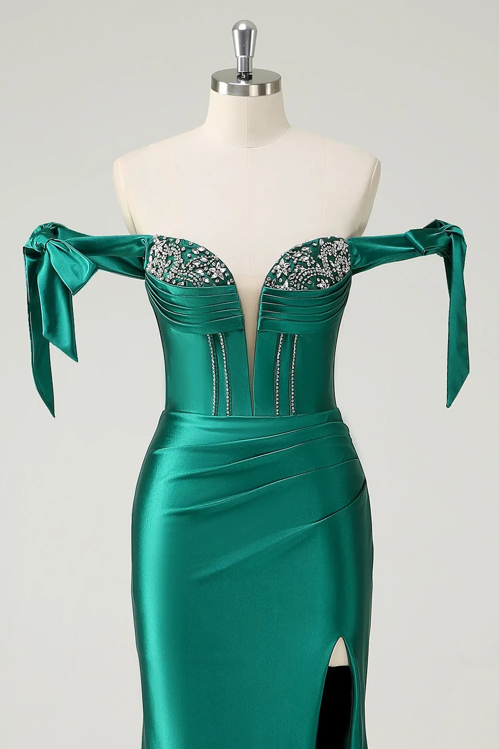 Dark Green Mermaid Off the Shoulder Rhinestone Long Prom Dress with Slit sold by Wedtrend product image thumbnail 4