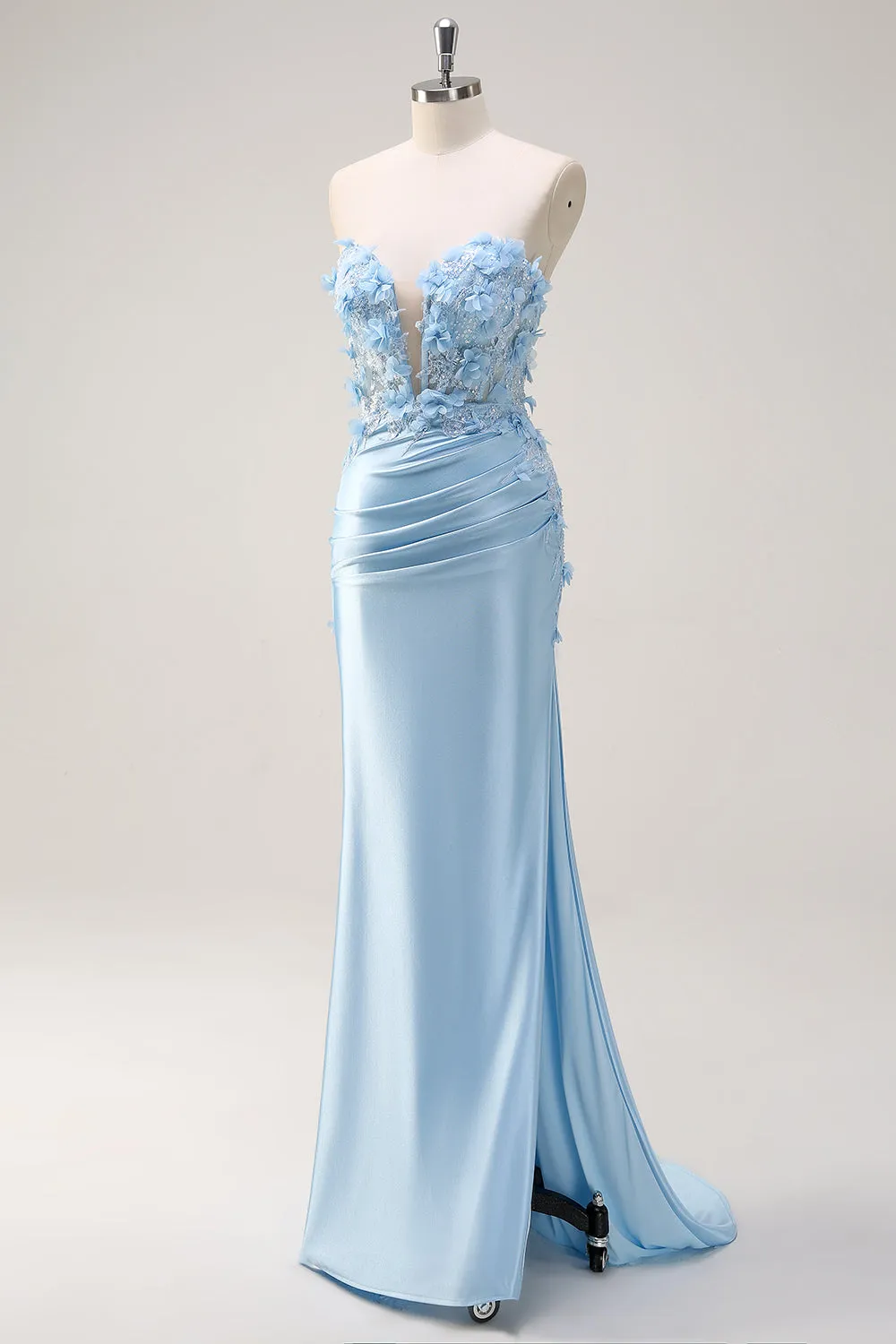 Sky Blue Mermaid Strapless Long Prom Dress with 3D Flowers sold by Wedtrend product image thumbnail 3