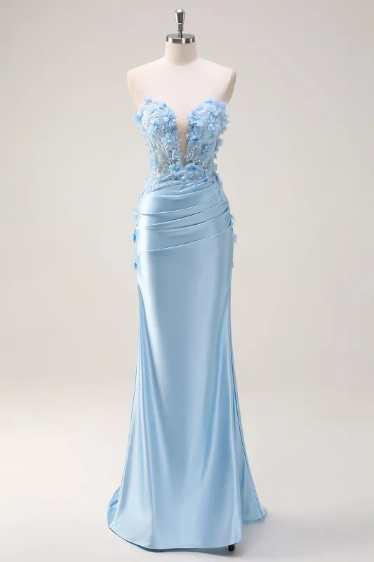 Sky Blue Mermaid Strapless Long Prom Dress with 3D Flowers made by Wedtrend