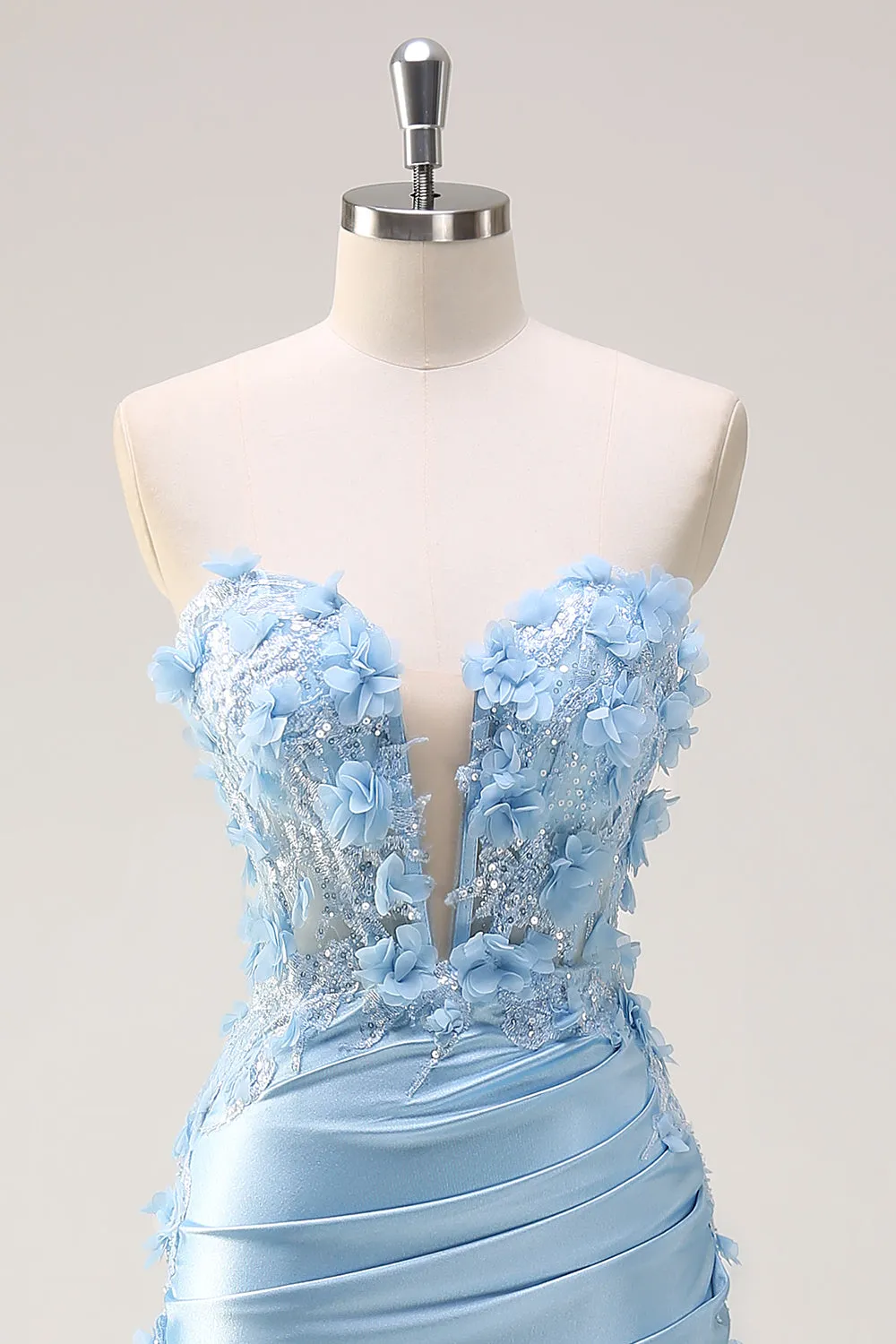 Sky Blue Mermaid Strapless Long Prom Dress with 3D Flowers sold by Wedtrend product image thumbnail 4