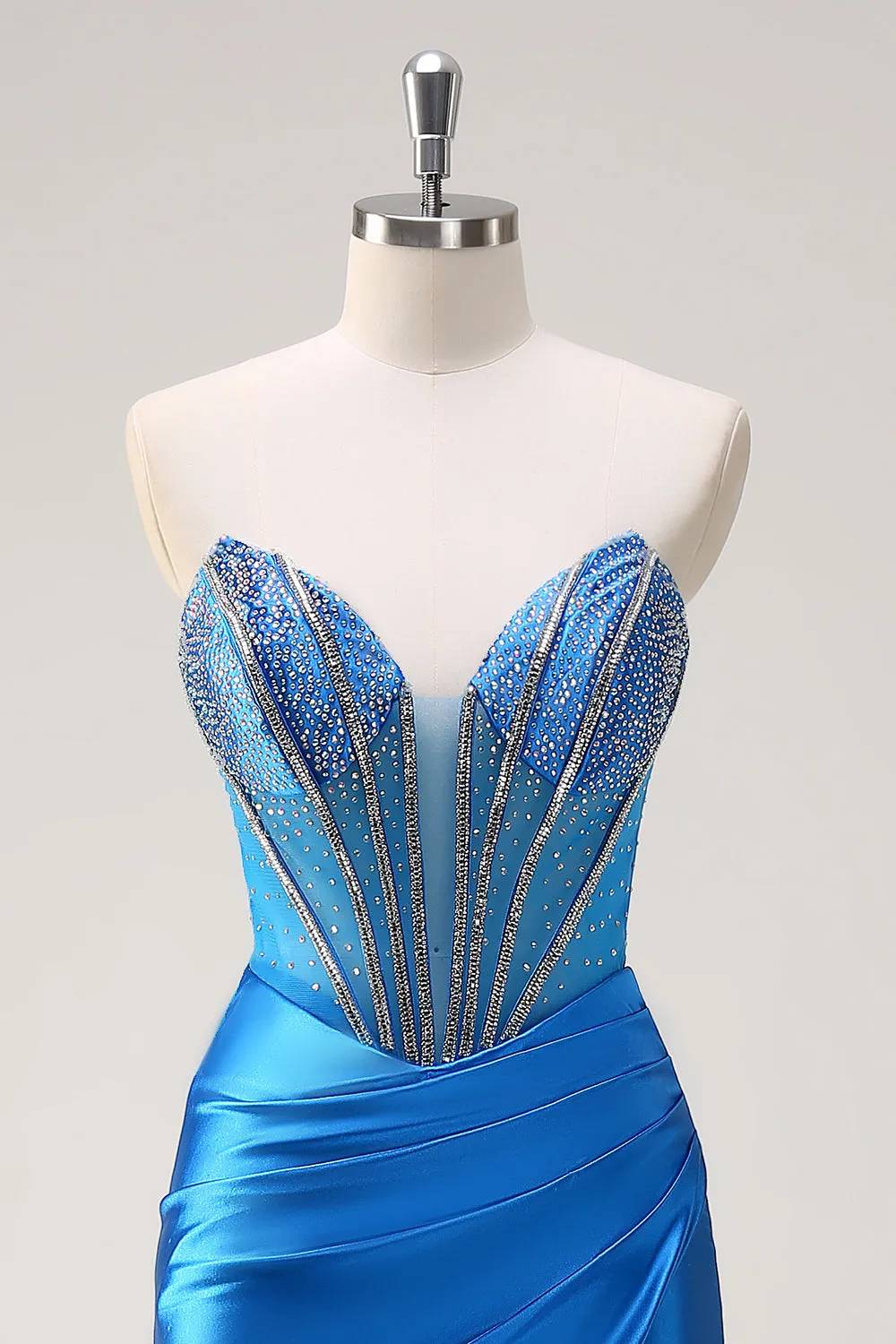 Blue Strapless Mermaid Corset Beaded Long Prom Dress with Split sold by Wedtrend product image thumbnail 4
