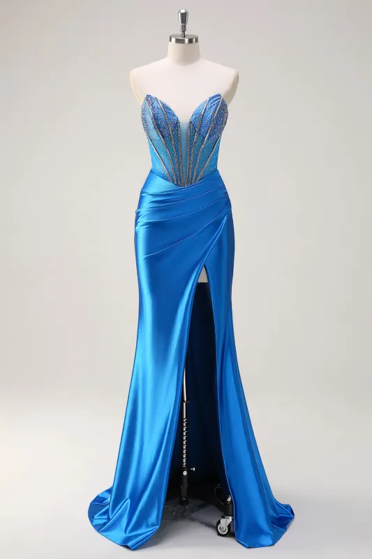 Blue Strapless Mermaid Corset Beaded Long Prom Dress with Split sold by Wedtrend