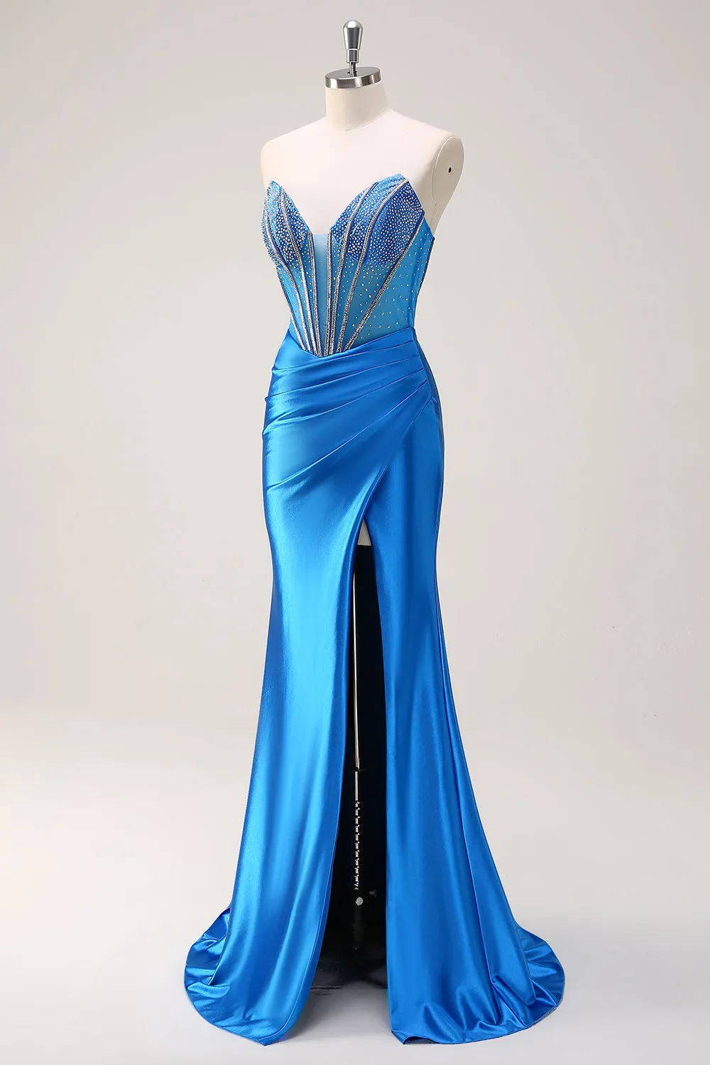 Blue Strapless Mermaid Corset Beaded Long Prom Dress with Split sold by Wedtrend product image thumbnail 3