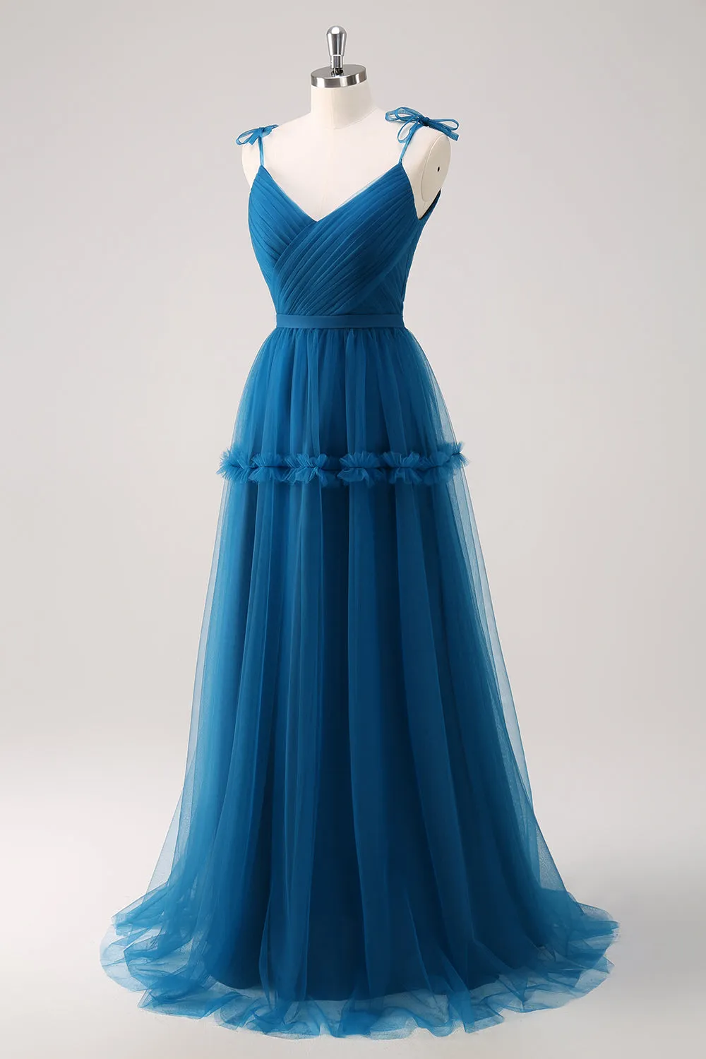 Dark Blue A Line Spaghetti Straps Tulle Ruched Long Bridesmaid Dress sold by Wedtrend product image thumbnail 3