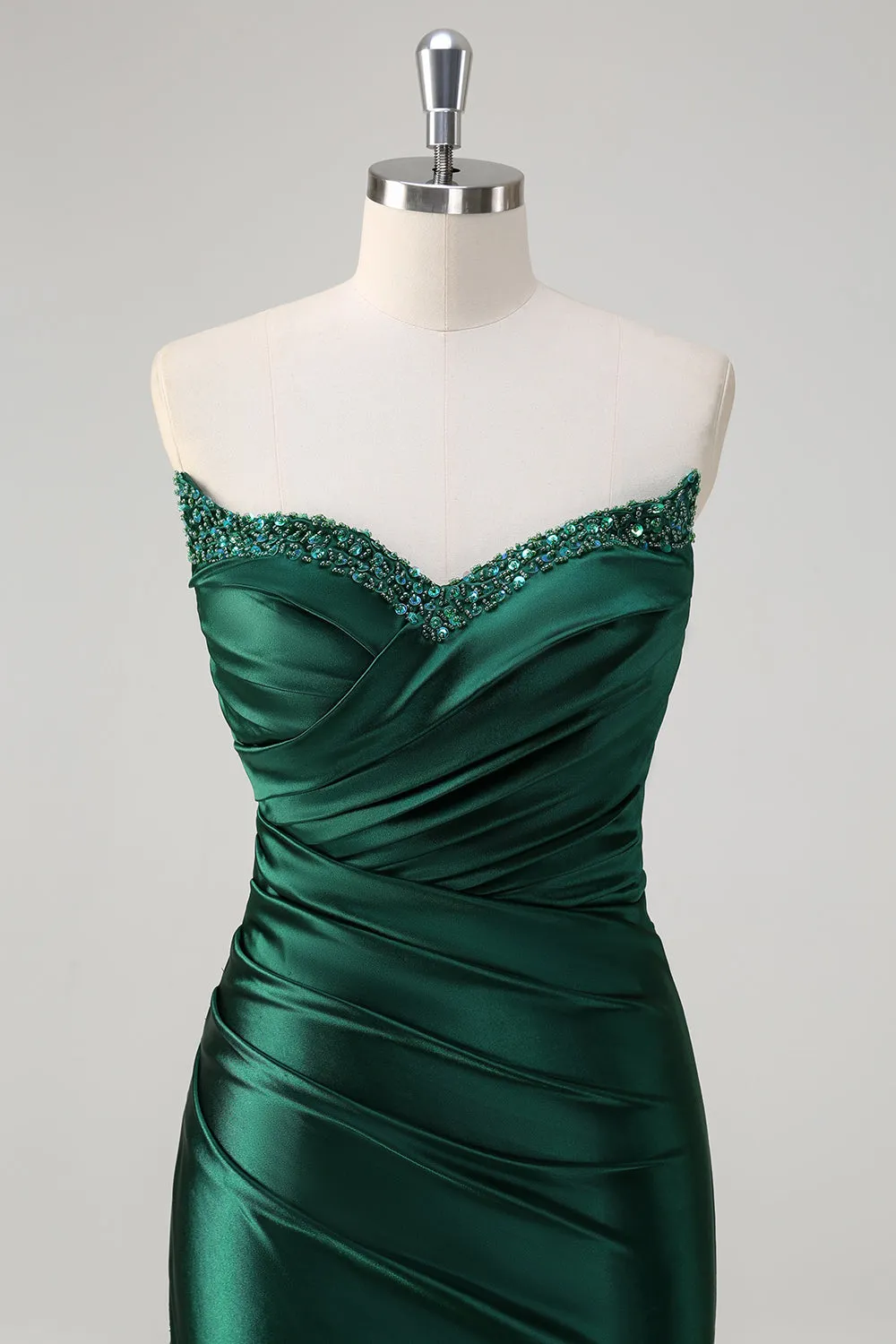 Dark Green Mermaid Strapless Pleated Sequin Satin Long Prom Dress with Slit sold by Wedtrend product image thumbnail 4