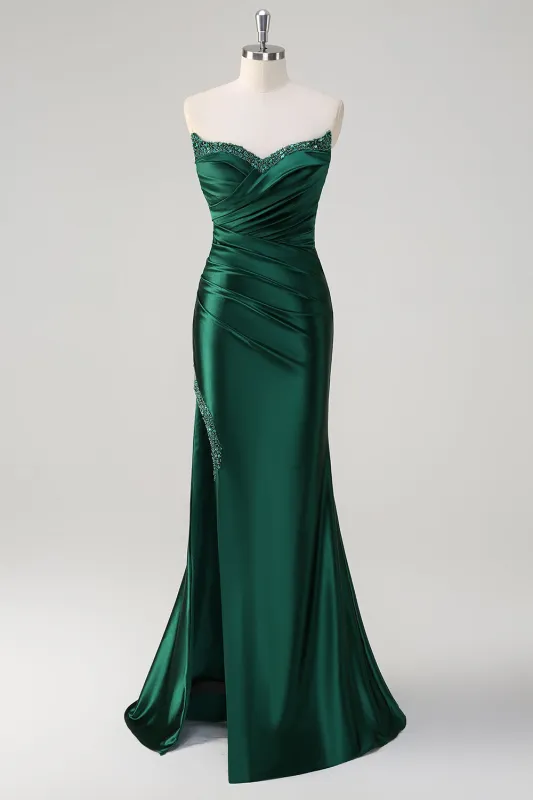 Dark Green Mermaid Strapless Pleated Sequin Satin Long Prom Dress with Slit made by Wedtrend