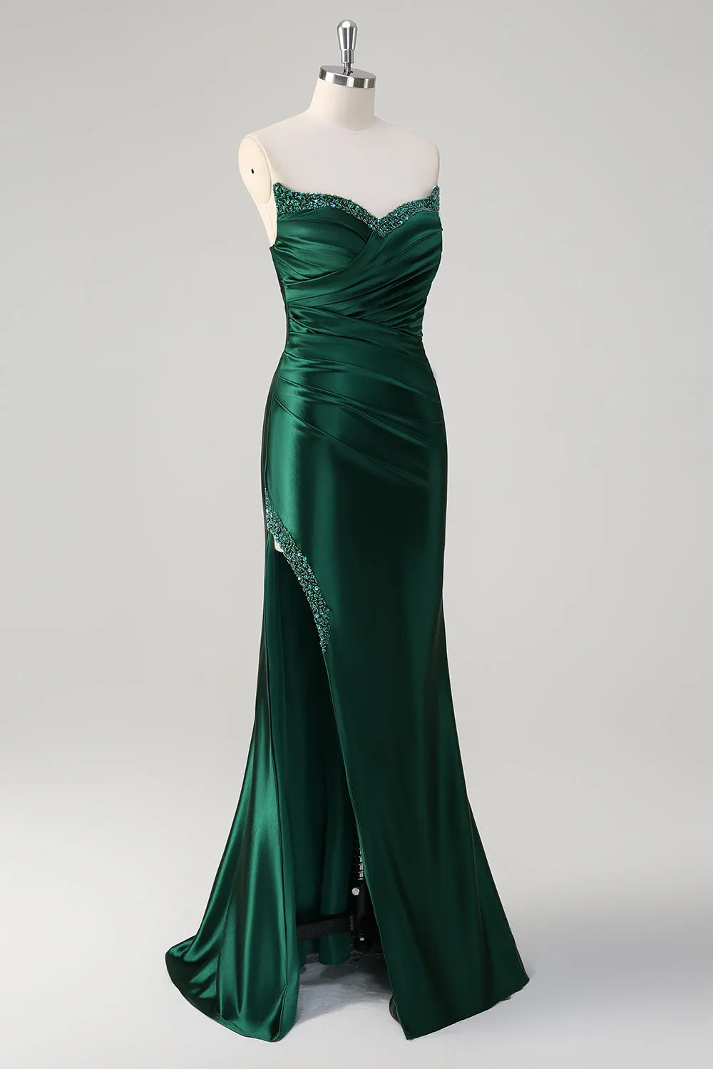 Dark Green Mermaid Strapless Pleated Sequin Satin Long Prom Dress with Slit sold by Wedtrend product image thumbnail 3