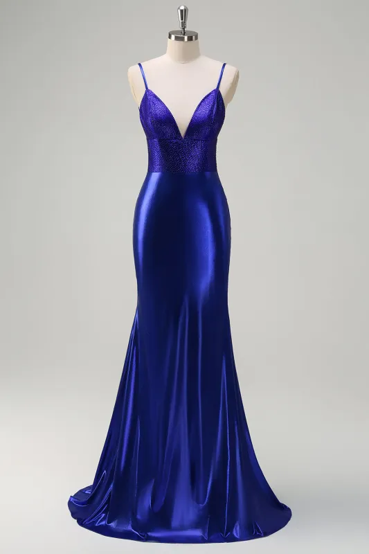 Sparkly Royal Blue Mermaid V-Neck Beaded Long Prom Dress With Open Back made by Wedtrend