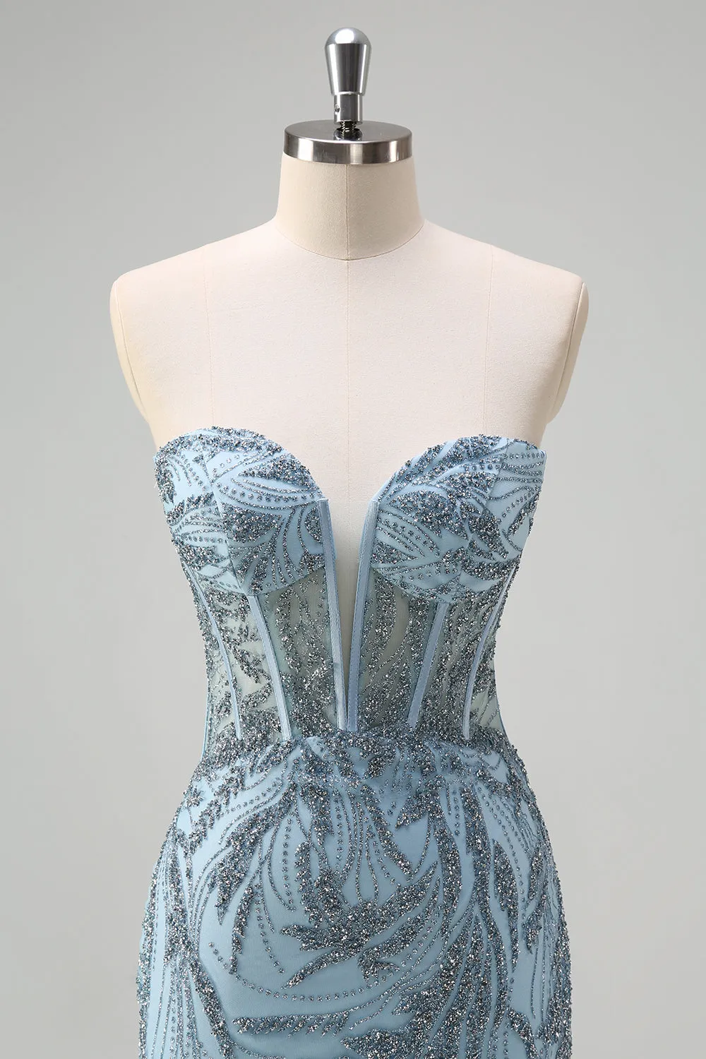 Sparkly Light Blue Mermaid Strapless Corset Long Beaded Prom Dress With Tulle Slit sold by Wedtrend product image thumbnail 4