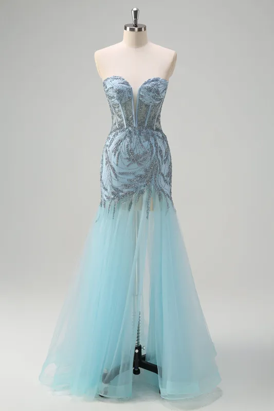 Sparkly Light Blue Mermaid Strapless Corset Long Beaded Prom Dress With Tulle Slit sold by Wedtrend
