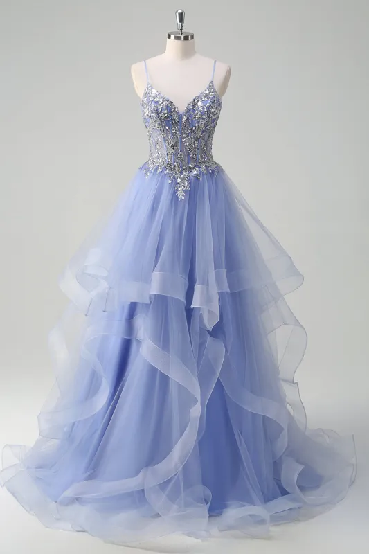 Sparkly Sequins Light Blue A Line Corset Long Prom Dress with Spiral Ruffles made by Wedtrend