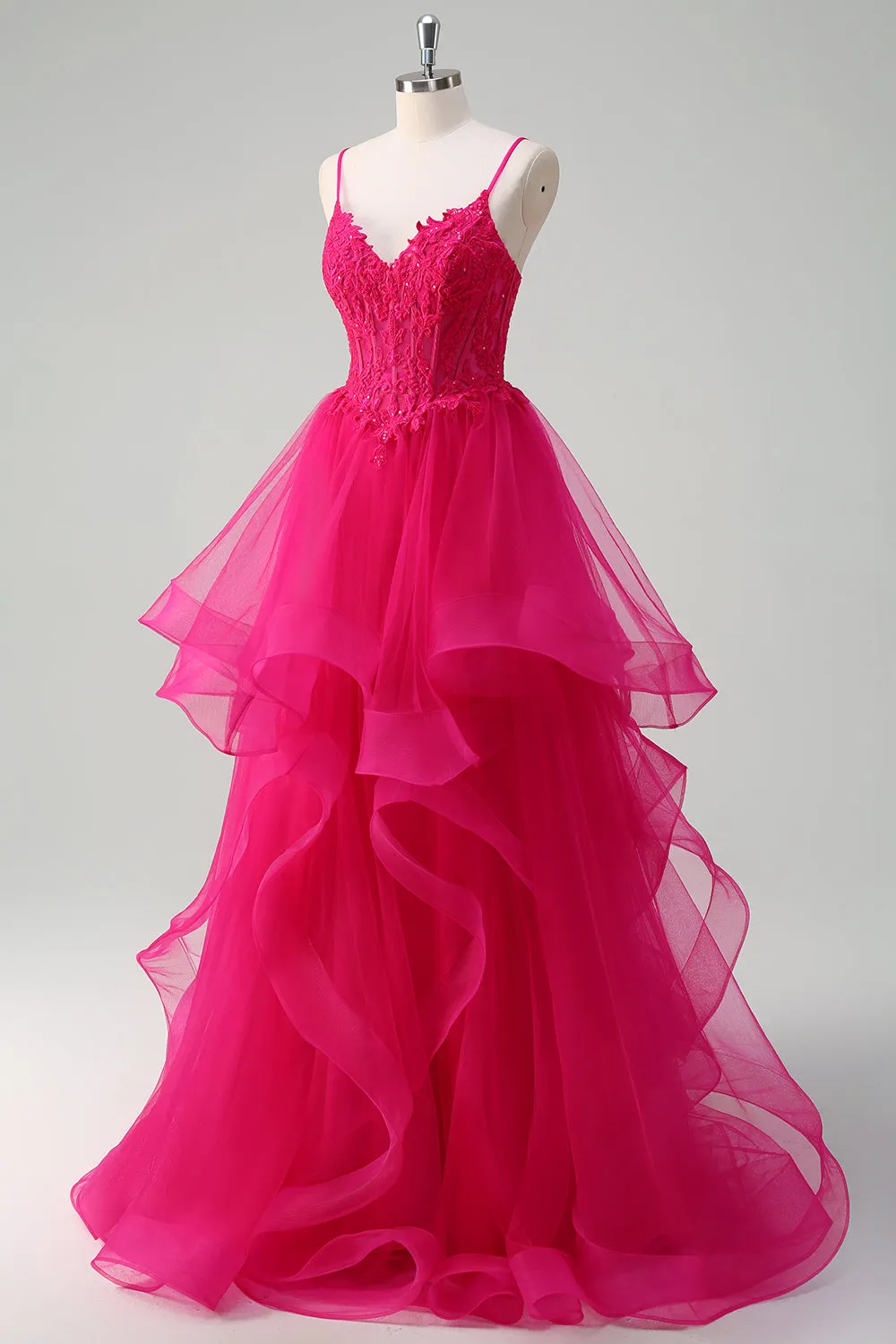 Hot Pink Princess Spaghetti Straps Corset Spiral Ruffles Long Prom Dress with Appliques sold by Wedtrend product image thumbnail 3