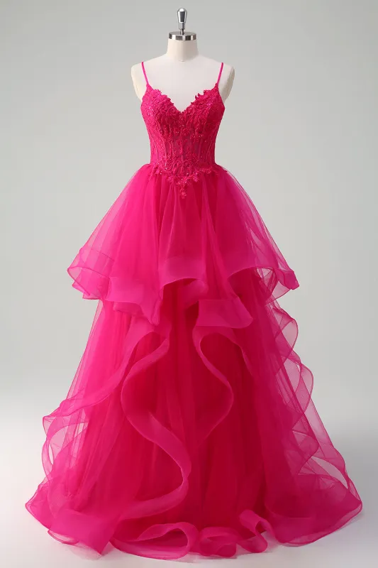 Hot Pink Princess Spaghetti Straps Corset Spiral Ruffles Long Prom Dress with Appliques made by Wedtrend