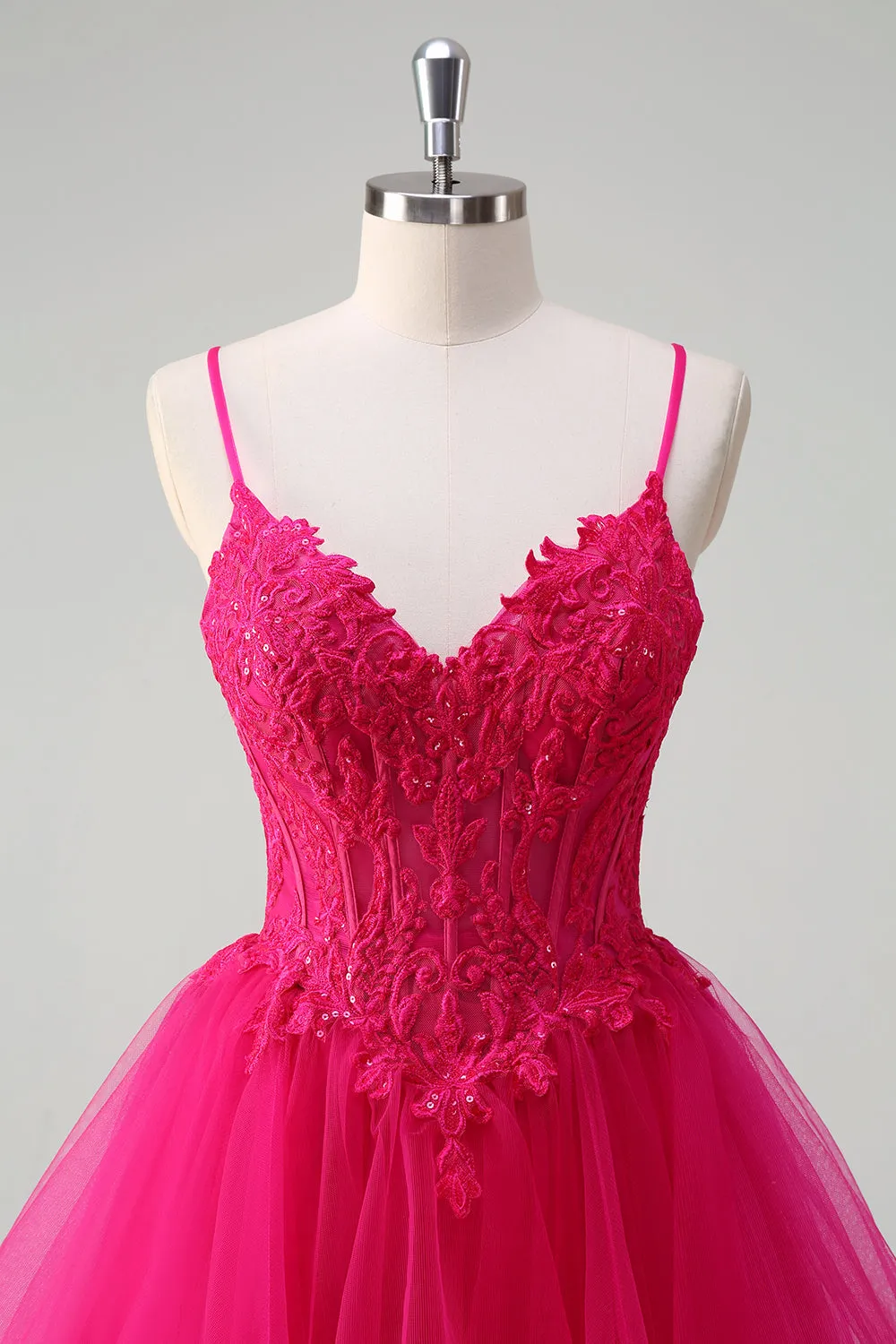 Hot Pink Princess Spaghetti Straps Corset Spiral Ruffles Long Prom Dress with Appliques sold by Wedtrend product image thumbnail 4