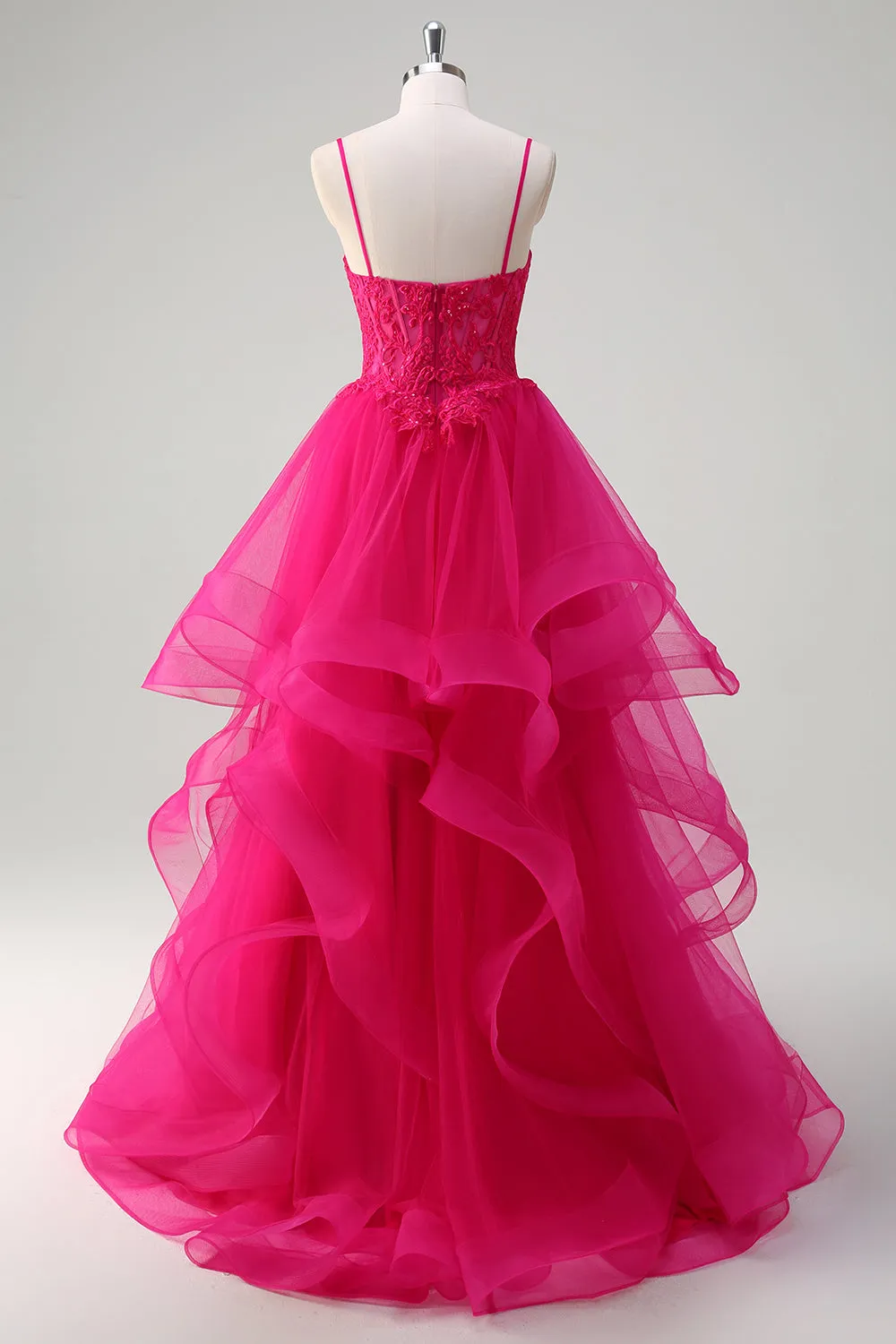 Hot Pink Princess Spaghetti Straps Corset Spiral Ruffles Long Prom Dress with Appliques sold by Wedtrend product image thumbnail 2