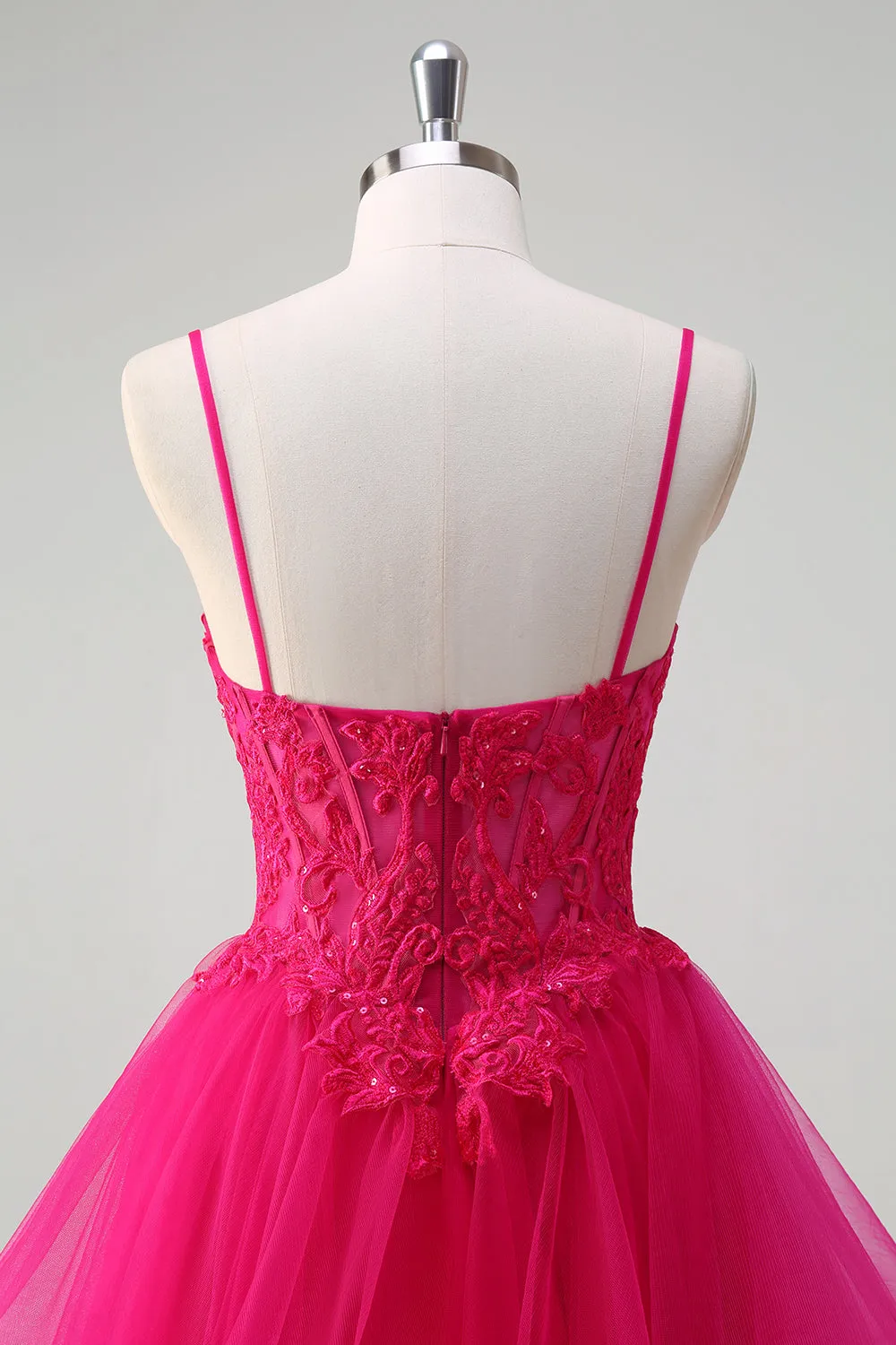 Hot Pink Princess Spaghetti Straps Corset Spiral Ruffles Long Prom Dress with Appliques sold by Wedtrend product image thumbnail 5