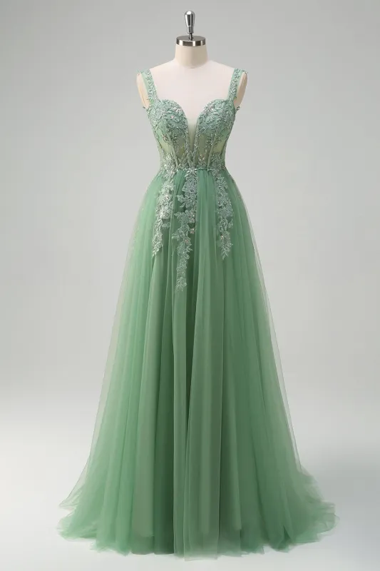 Green Tulle A-Line Spaghetti Straps Corset Sequin Long Prom Dress with Appliques made by Wedtrend