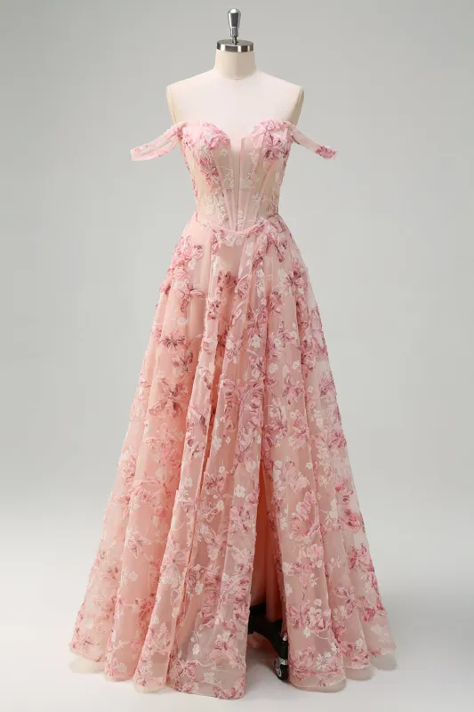 Princess Off The Shoulder Pink Floral Corset Maxi Prom Dress with Slit made by Wedtrend