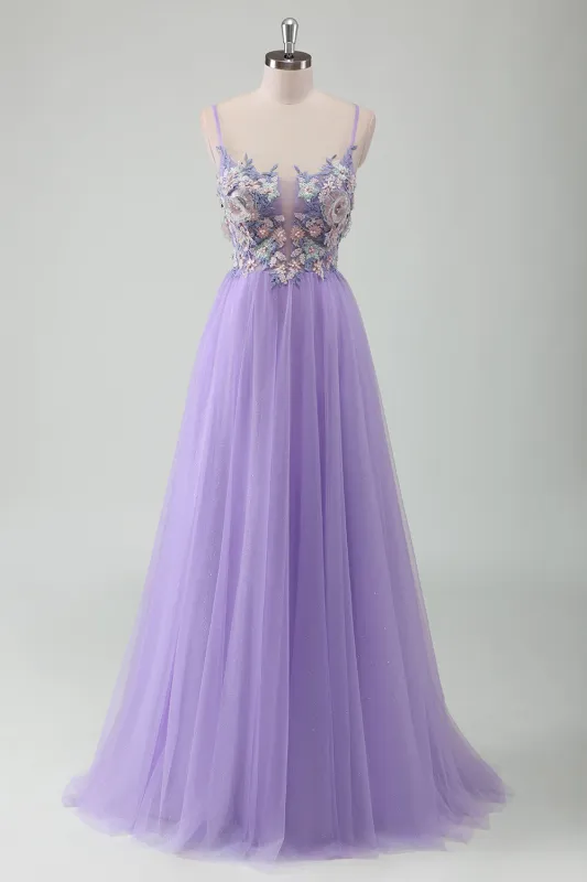 Purple A-Line Spaghetti Straps Open Back Pearl Long Prom Dress with 3D Flowers made by Wedtrend