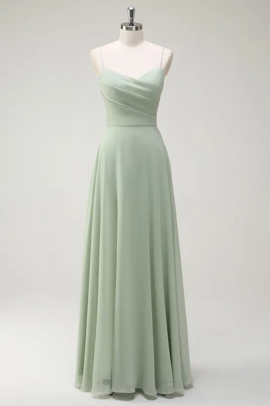 Dusty Sage A-Line Spaghetti Straps Chiffon Pleated Long Bridesmaid Dress sold by Wedtrend