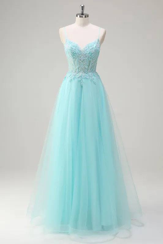 Sky Blue A-Line Spaghetti Straps Sequin Tulle Long Prom Dress with Beading made by Wedtrend