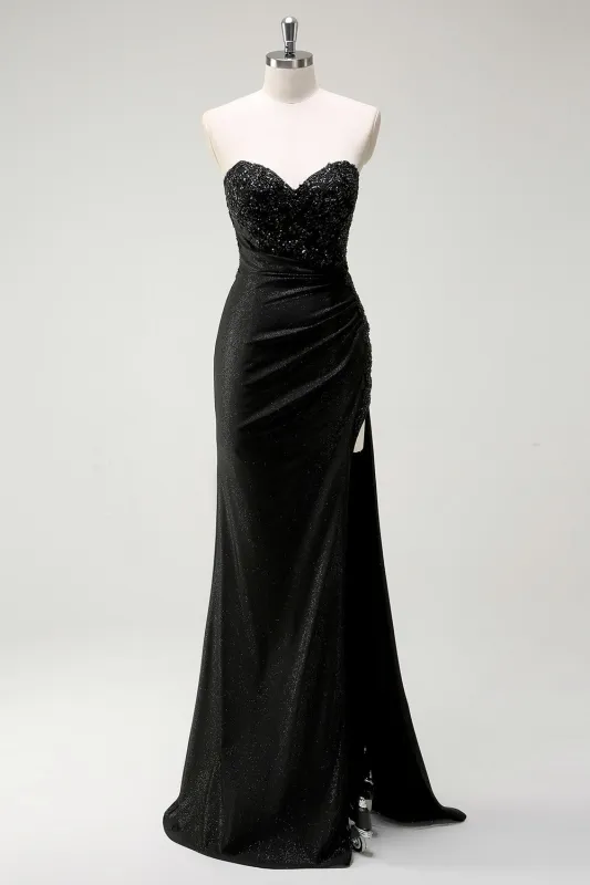 Sparkly Black Mermaid Sweetheart Sequin Ruched Long Prom Dress With High Slit made by Wedtrend