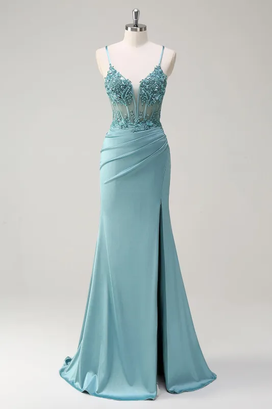 Sparkly Blue Mermaid Spaghetti Straps Beaded Corset Sequin Prom Dress with Slit made by Wedtrend