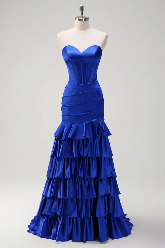 Royal Blue Strapless Corset Tiered Long Prom Dress with Slit sold by Wedtrend