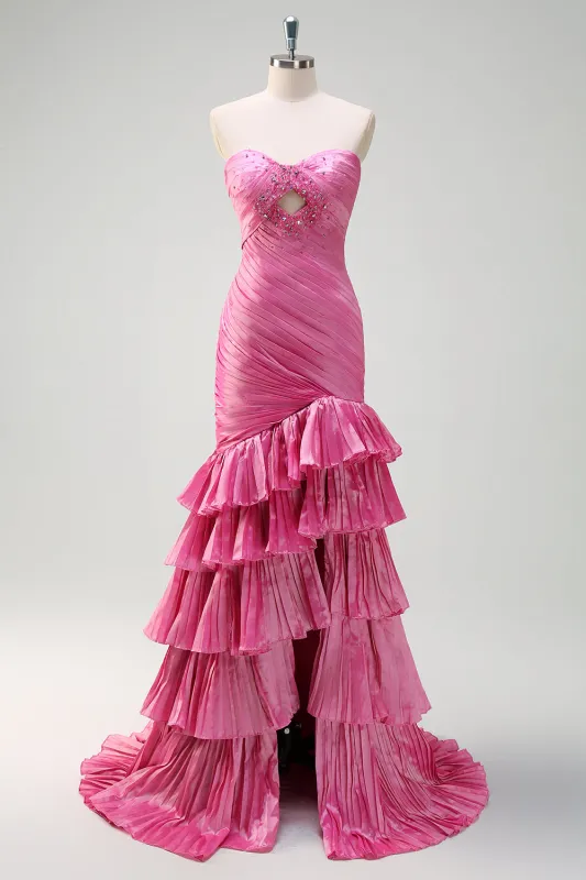 Sparkly Fuchsia Mermaid Strapless Pleated Cut Out Tiered Prom Dress with Ruffle Slit made by Wedtrend