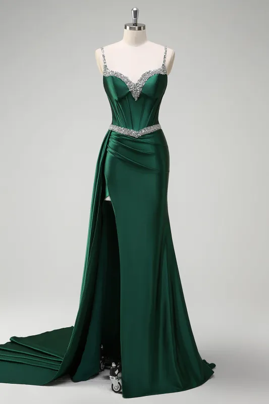 Sparkly Dark Green Mermaid Streamer Corset Long Prom Dress with Slit made by Wedtrend