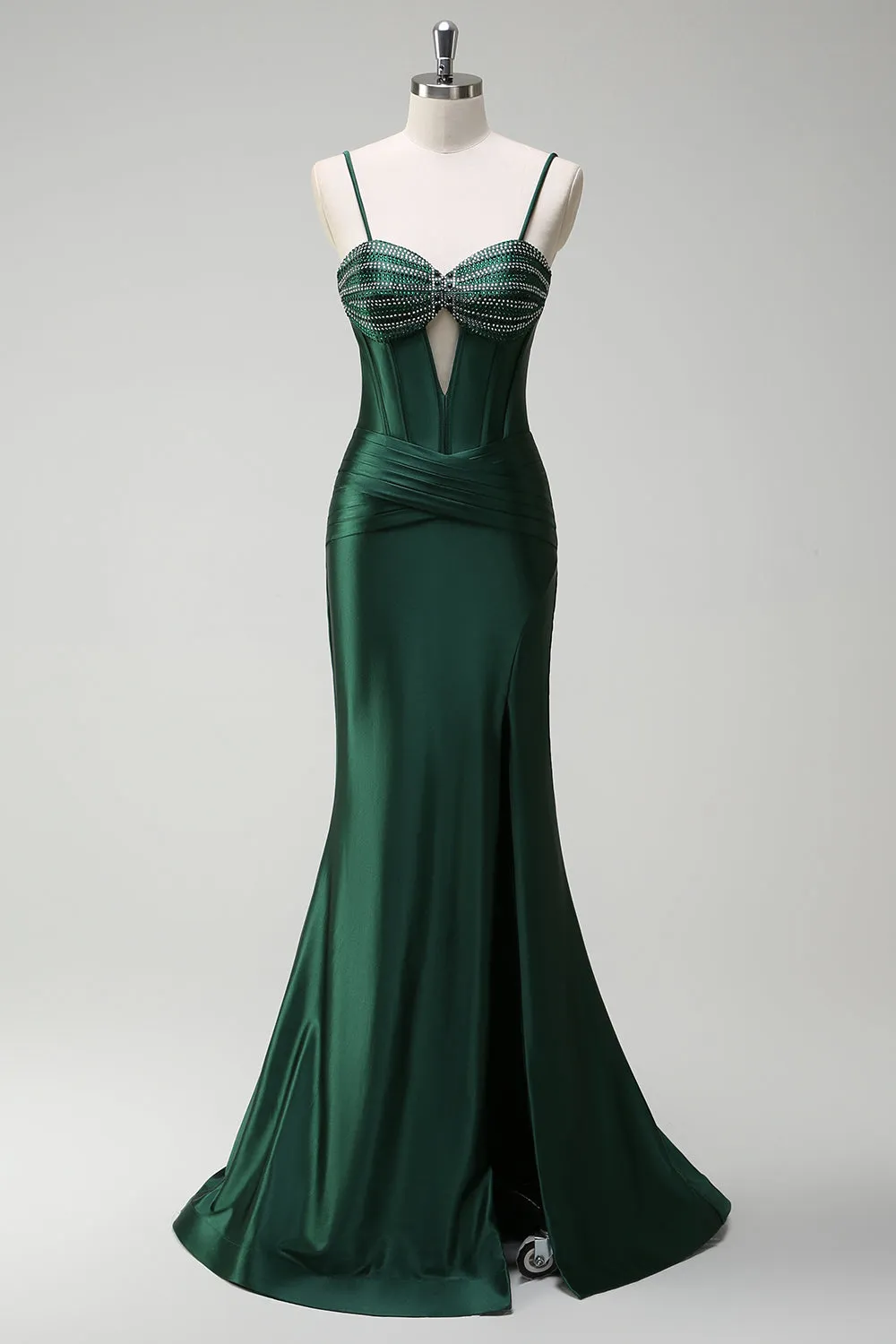 Dark Green Mermaid Removable Straps Slit Corset Cut Out Prom Dress with Beading sold by Wedtrend product image thumbnail 4