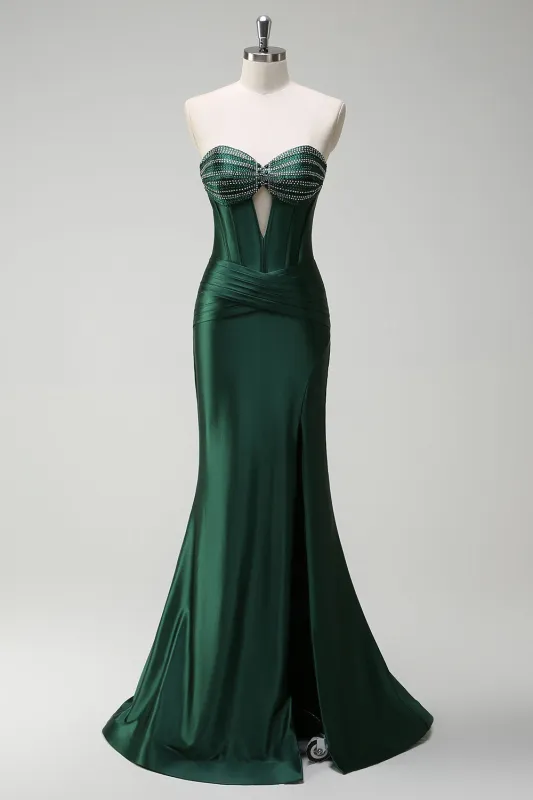 Dark Green Mermaid Removable Straps Slit Corset Cut Out Prom Dress with Beading made by Wedtrend