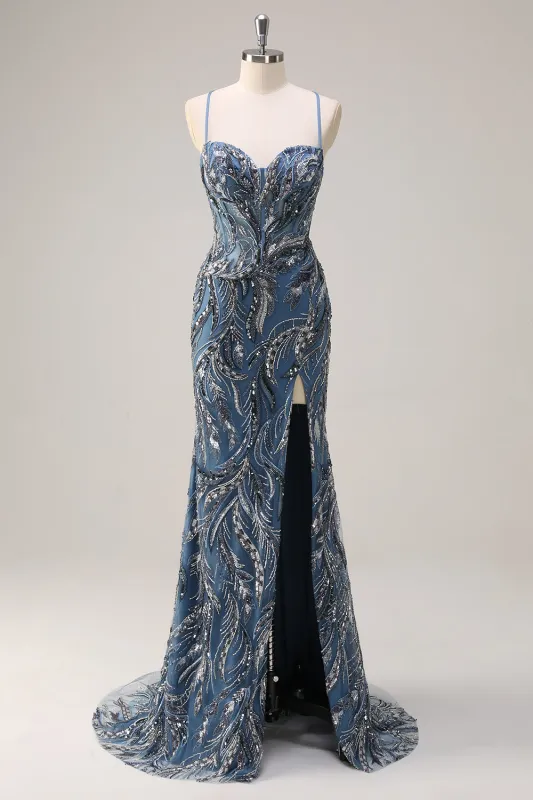 Sparkly Twilight Mermaid Spaghetti Straps Beaded Long Sequin Prom Dress with Slit made by Wedtrend