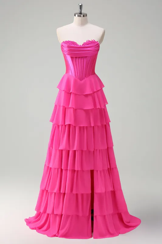 Fuchsia A Line Strapless Tiered Corset Ruffle Long Prom Dress with Slit made by Wedtrend