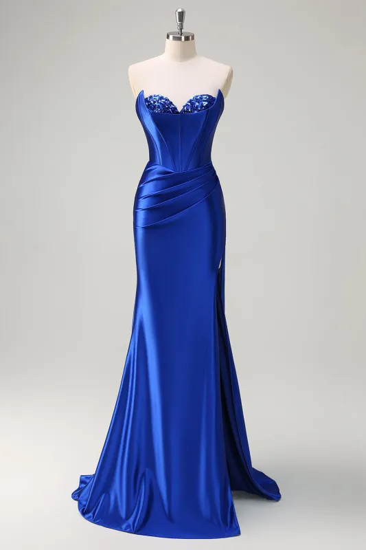 Royal Blue Strapless Pleated Corset Sequin Long Mermaid Prom Dress with Slit made by Wedtrend
