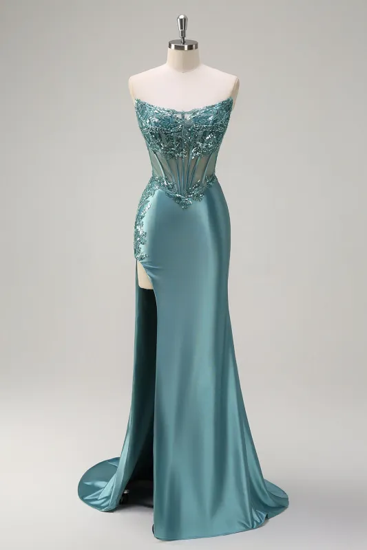 Sparkly Grey Green Strapless Mermaid Sheer Corset Sequin Long Prom Dress with Slit made by Wedtrend