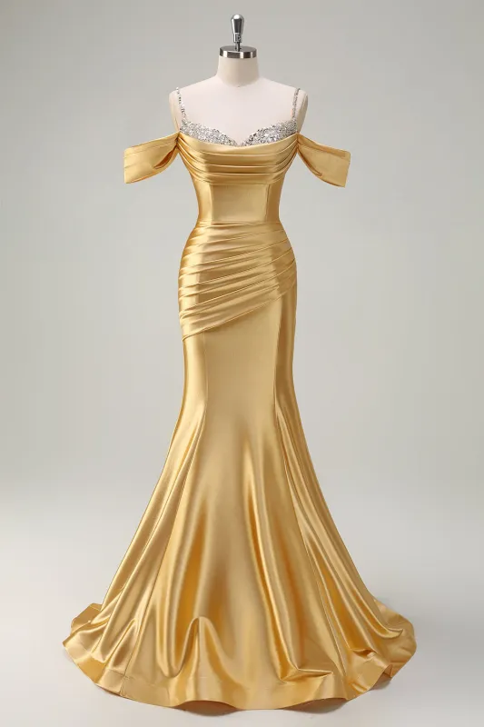 Sparkly Golden Mermaid Cold Shoulder Pleated Long Prom Dress With Sequins made by Wedtrend