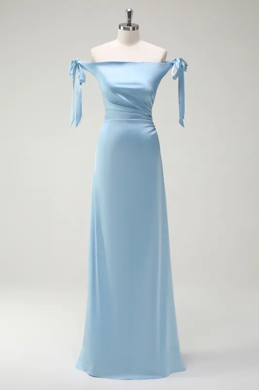 Dusty Blue Off The Shoulder Ruched Long Bridesmaid Dress with Bow Shoulder Strap sold by Wedtrend