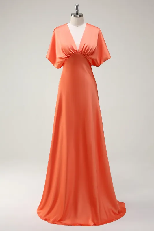 Sunset A Line V Neck Satin Long Bridesmaid Dress with Short Sleeves sold by Wedtrend