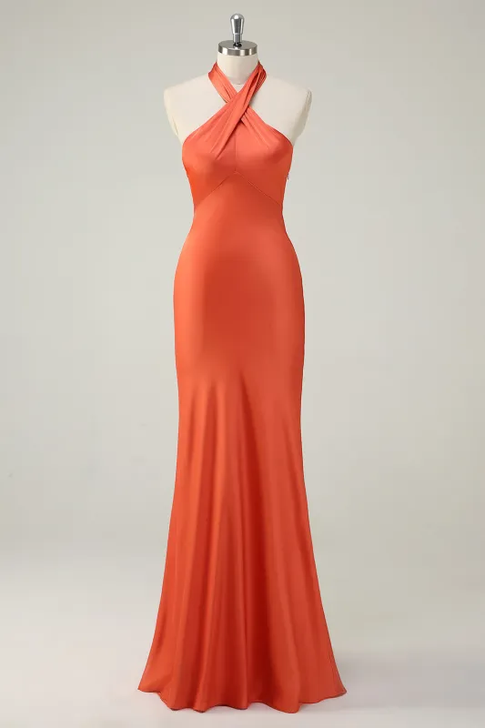 Elegant Orange Mermaid Halter Open Back Satin Long Bridesmaid Dress sold by Wedtrend