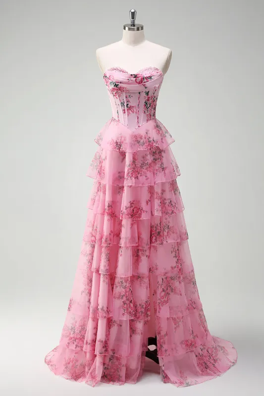 Blush Floral A-Line Strapless Ruffled Corset Printed Tiered Long Prom Dress with Slit made by Wedtrend