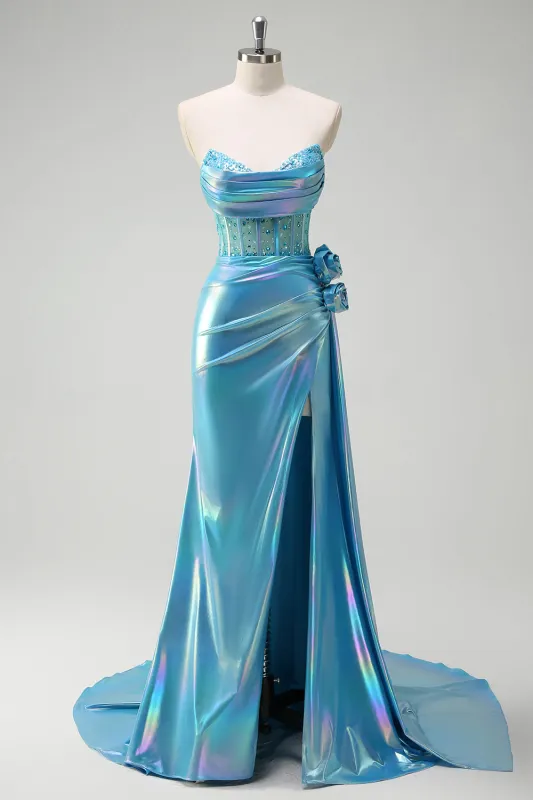 Sparkly Blue Mermaid Strapless Rosettes Corset Beaded Metallic Prom Dress with Slit made by Wedtrend