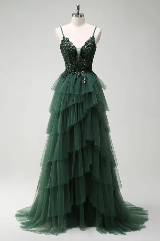 Sparkly Dark Green Tulle A-Line Corset Sequins Tiered Prom Dress with Appliques made by Wedtrend
