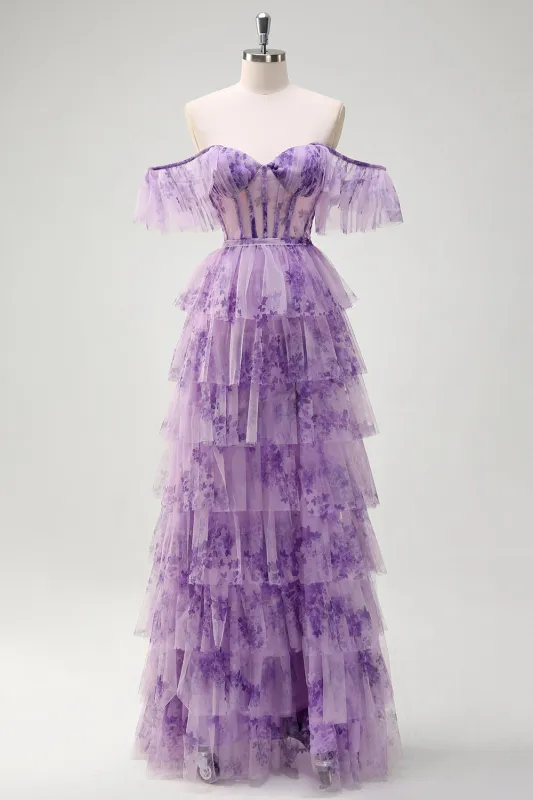 Lilac Strapless A Line Removable Sleeves Tiered Corset Printed Prom Dress with Slit made by Wedtrend