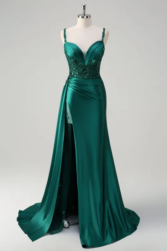 Sparkly Dark Green Mermaid Side Streamer Corset Sequins Satin Prom Dress with Slit sold by Wedtrend