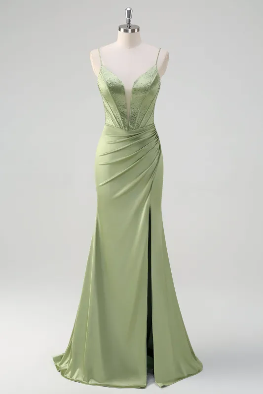 Mermaid Spaghetti Straps Ruched Corset Beaded Long Green Prom Dress with Slit sold by Wedtrend