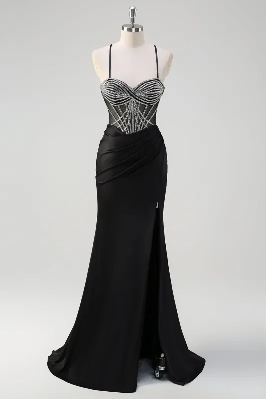 Sparkly Black Mermaid Halter Neck Beaded Ruched Long Prom Dress With Slit made by Wedtrend